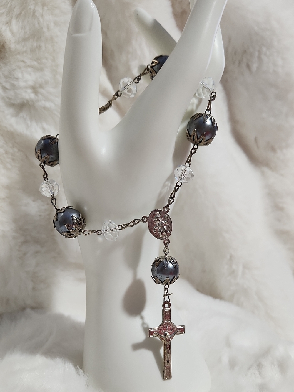 Vintage-Inspired Gray Pearl Rosary Bracelet Or Car Review Mirror Dangle Cross